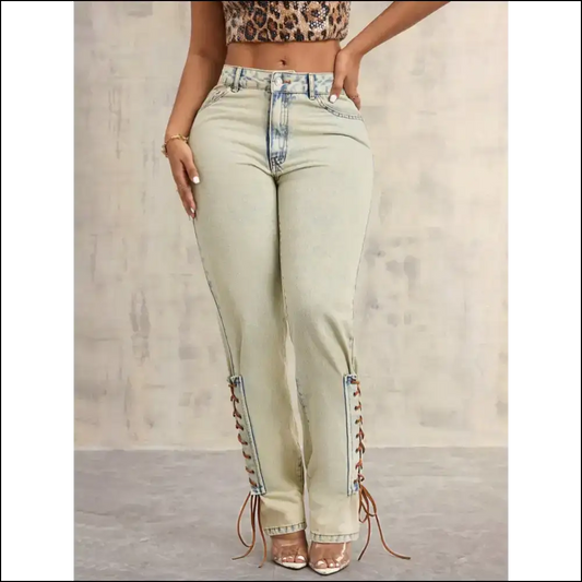 Lace-up High Rise Jeans: for when you Need a Little Lift in Life! 😂👖 - White / s - Jeans on Sale Worldwide Shipping