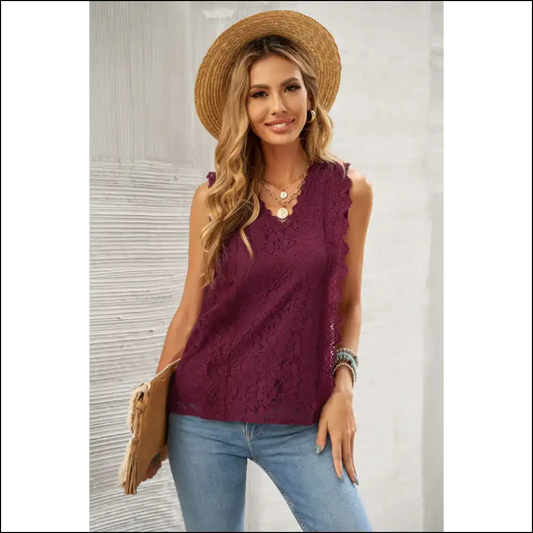 Lace V-neck Tank - Embrace your Inner Goddess - Burgundy / s - Tops on Sale Worldwide Shipping
