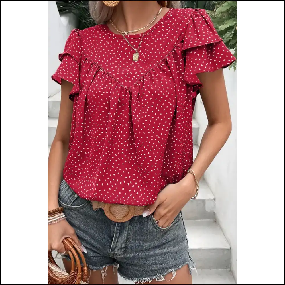 Laurel Green Spotted Blouse Ruffle Sleeves Park Stroll Ready - Fiery Red / s - Blouses on Sale Worldwide Shipping