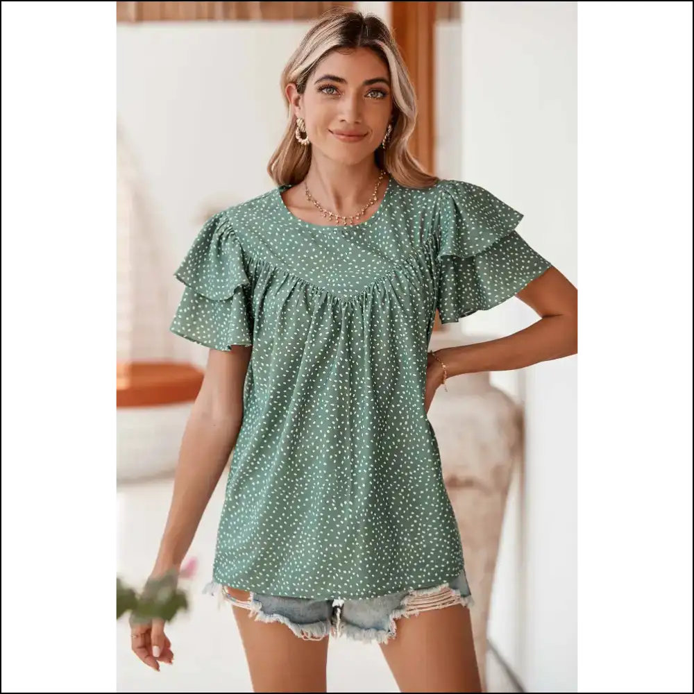 Laurel Green Spotted Blouse Ruffle Sleeves Park Stroll Ready - Blouses on Sale Worldwide Shipping