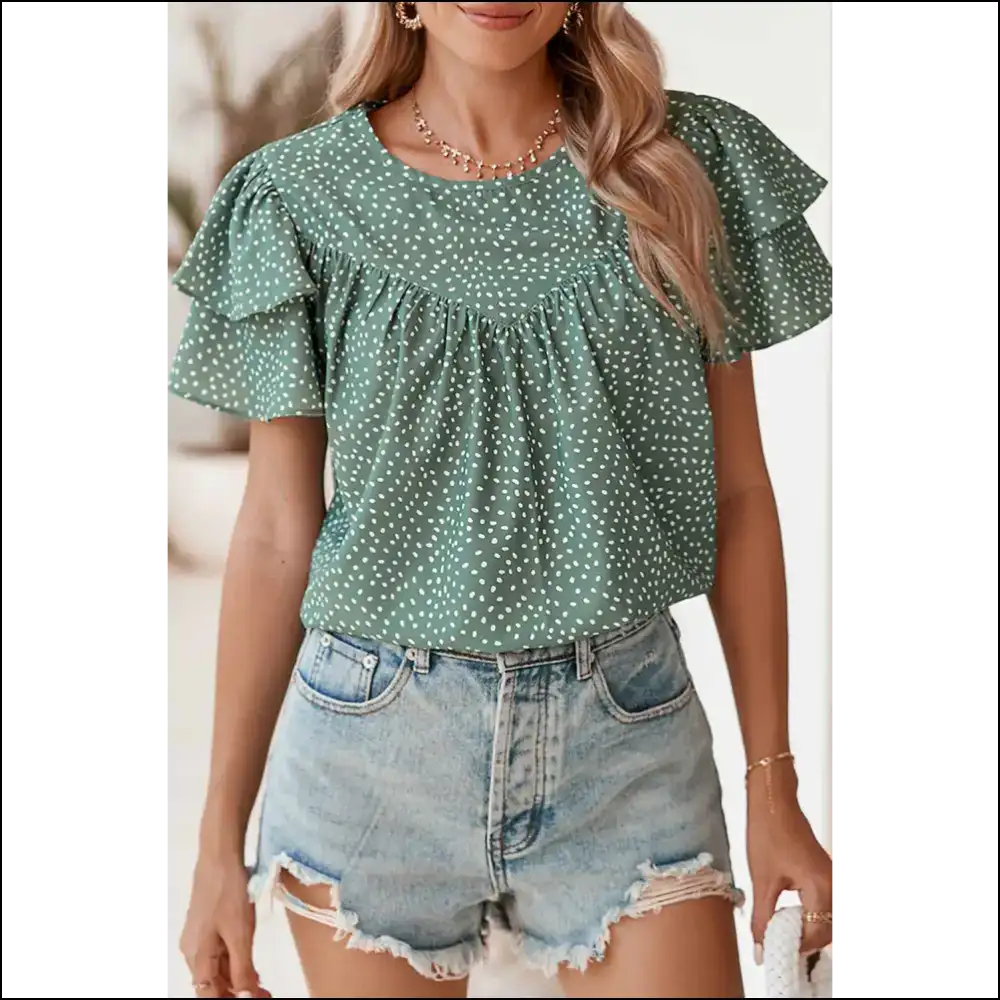 Laurel Green Spotted Blouse Ruffle Sleeves Park Stroll Ready - s - Blouses on Sale Worldwide Shipping
