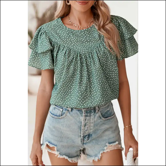 Laurel Green Spotted Blouse Ruffle Sleeves Park Stroll Ready - s - Blouses on Sale Worldwide Shipping