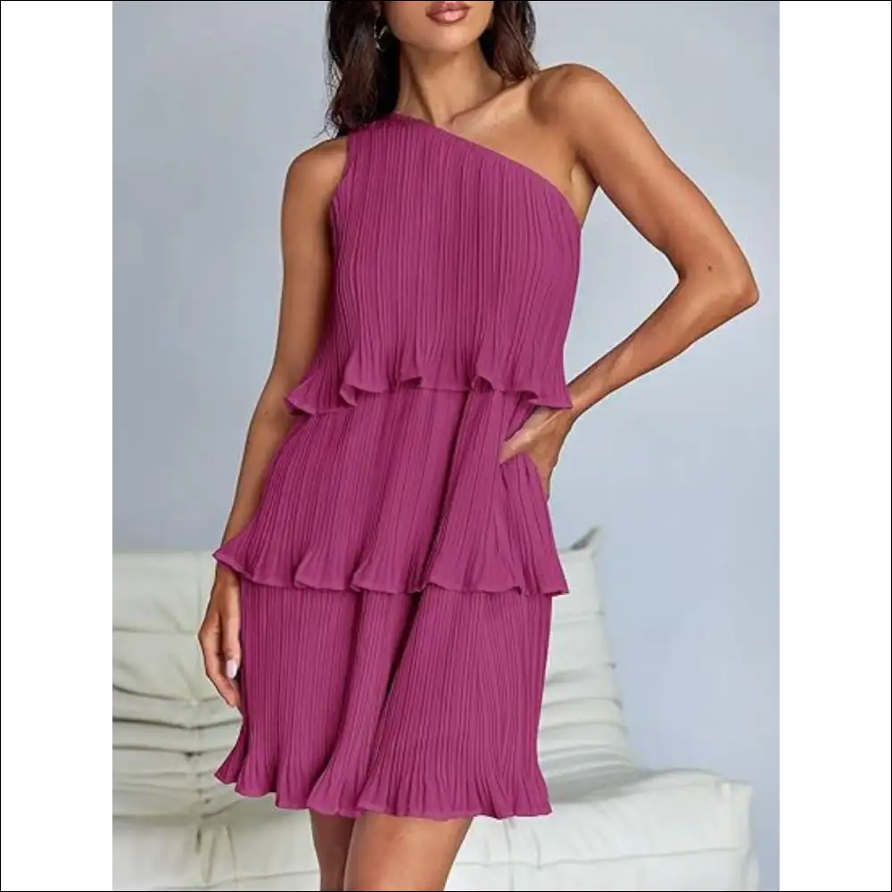 Playful Layered Single Shoulder Mini Dress - Mauve / m - Dresses on Sale Worldwide Shipping