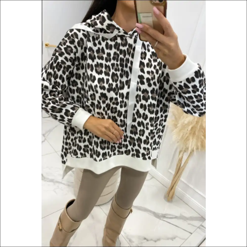 Leopard Dropped Shoulder Hoodie - White / m - Hoodies Sweatshirts & on Sale Worldwide Shipping