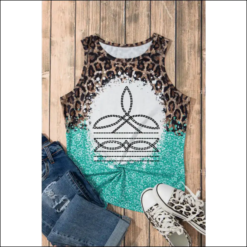 Leopard Geometric Round Neck Tank Top - Tops on Sale Worldwide Shipping