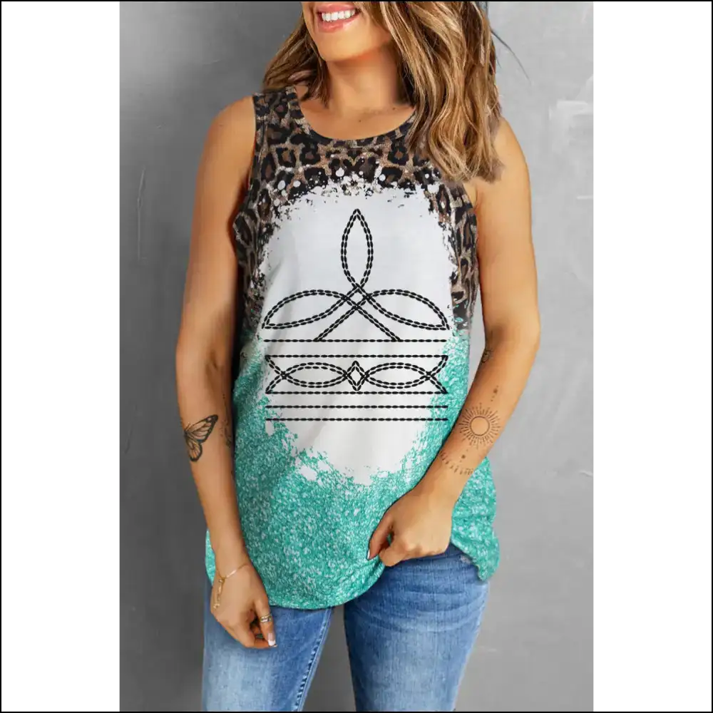 Leopard Geometric Round Neck Tank Top - Turquoise / s - Tops on Sale Worldwide Shipping