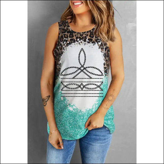 Leopard Geometric Round Neck Tank Top - Turquoise / s - Tops on Sale Worldwide Shipping