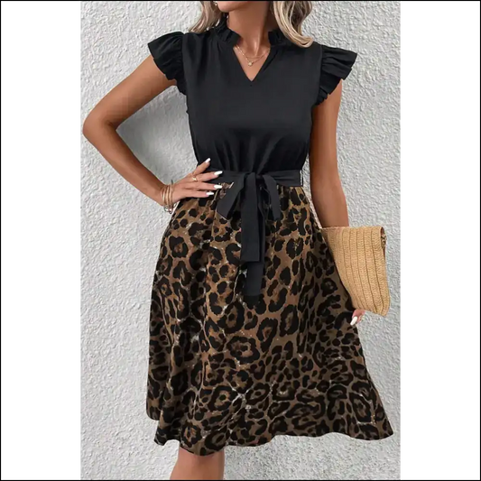 Leopard Print Flutter Sleeve: so Good It’s Almost Illegal 🐆 - Black / s - Midi Dresses on Sale Worldwide Shipping