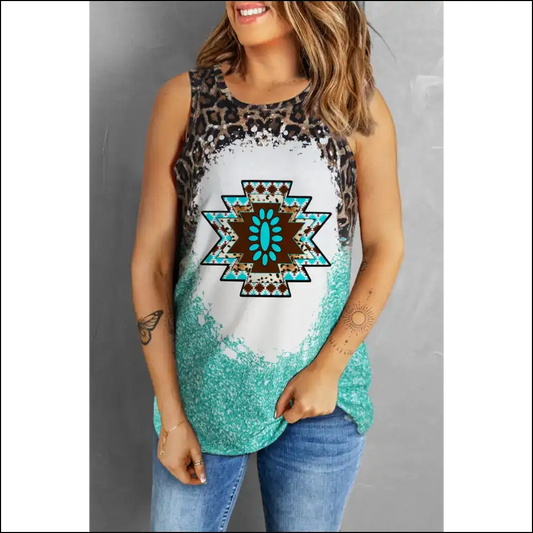 Leopard Round Neck Tank – Fierce & Fabulous - Turquoise / m - Tops on Sale Worldwide Shipping