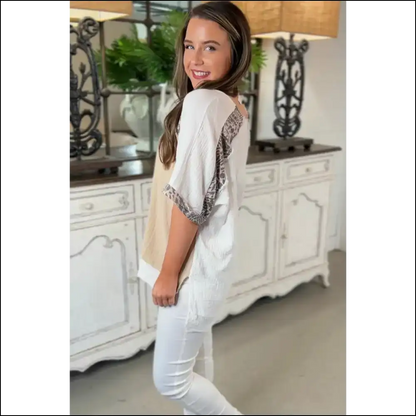 Leopard Trim: White Distressed Color Mayhem! 🐆🔥 Needful Things - Blouses on Sale Worldwide Shipping