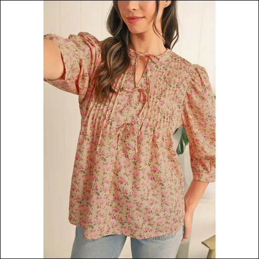 Light French Beige Ditsy Floral Print Puff Sleeve Blouse:! 🌼needful Things - s - Blouses on Sale Worldwide Shipping