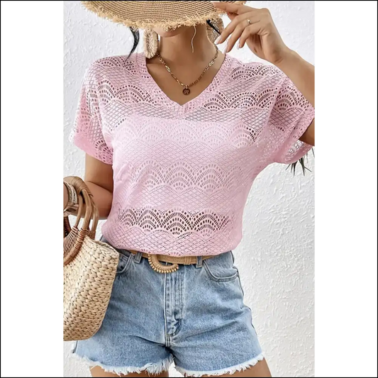 Light Pink Lace v Neck: Warning May Cause Extreme Attractiveness - s - Blouses on Sale Worldwide Shipping