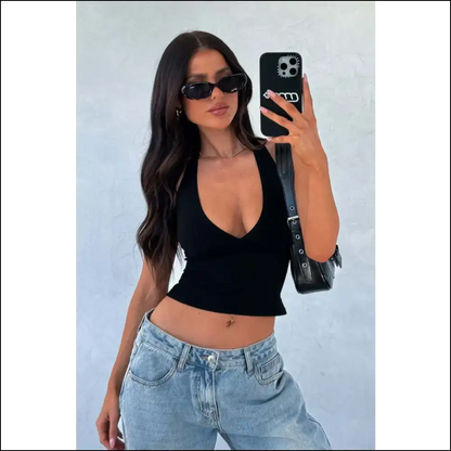 Lovelet Halter Neck Cropped Slim Cami - Black / m - Tank Tops on Sale Worldwide Shipping