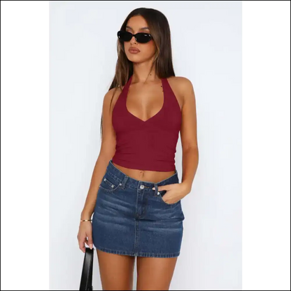Lovelet Halter Neck Cropped Slim Cami - Burgundy / s - Tank Tops on Sale Worldwide Shipping