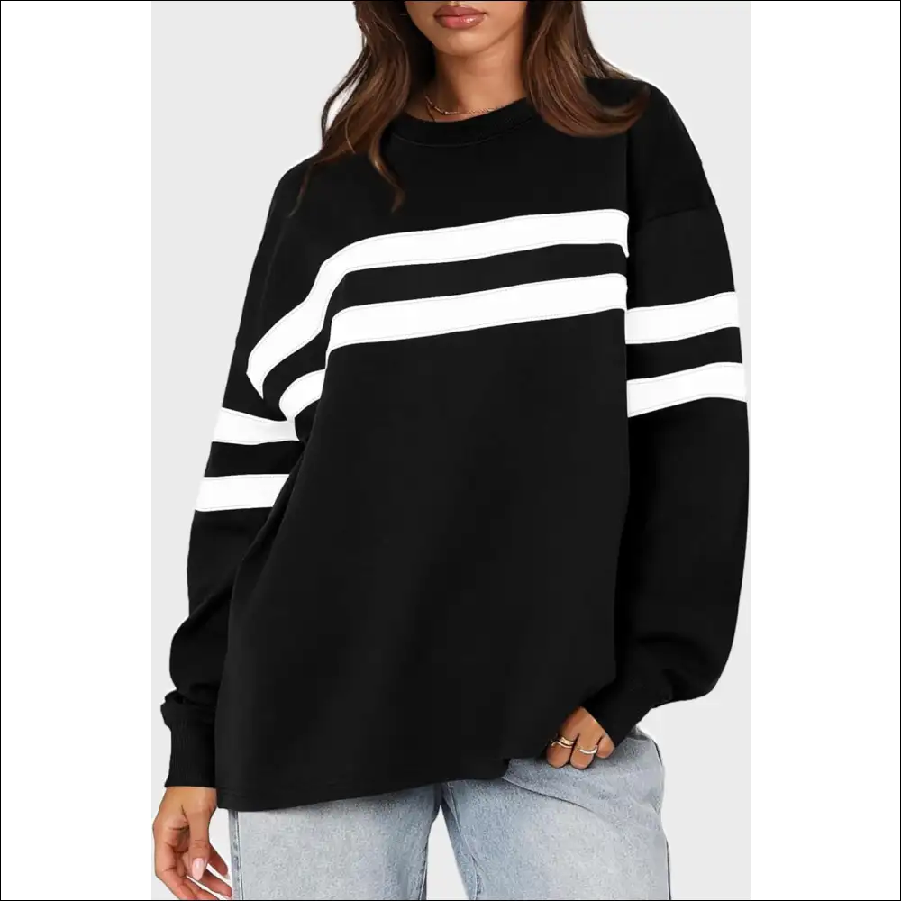 Lovelet Striped Round Neck Dropped Shoulder Sweatshirt - Black / s - Sweatshirts & Hoodies on Sale Worldwide Shipping