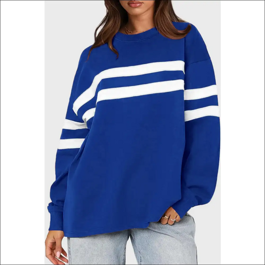 Lovelet Striped Round Neck Dropped Shoulder Sweatshirt - Royal Blue / s - Sweatshirts & Hoodies on Sale Worldwide Shipping