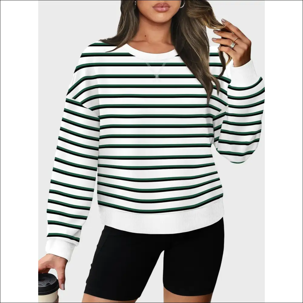 Lovelet Striped Round Neck Long Sleeve Sweatshirt - Dark Green / 2xl - Sweatshirts & Hoodies on Sale Worldwide Shipping