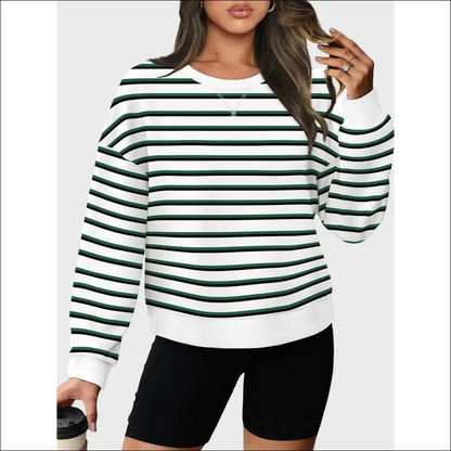 Lovelet Striped Round Neck Long Sleeve Sweatshirt - Dark Green / 2xl - Sweatshirts & Hoodies on Sale Worldwide Shipping