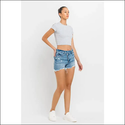 Lovervet Chic Stepped Waist Raw Hem Denim Shorts - on Sale Worldwide Shipping