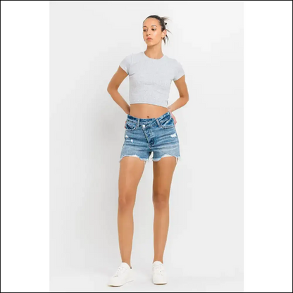 Lovervet Chic Stepped Waist Raw Hem Denim Shorts - on Sale Worldwide Shipping
