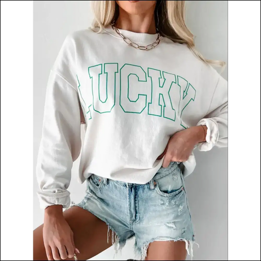 Lucky Graphic Round Neck Long Sleeve Sweatshirt - White / 2xl - Sweatshirts & Hoodies on Sale Worldwide Shipping