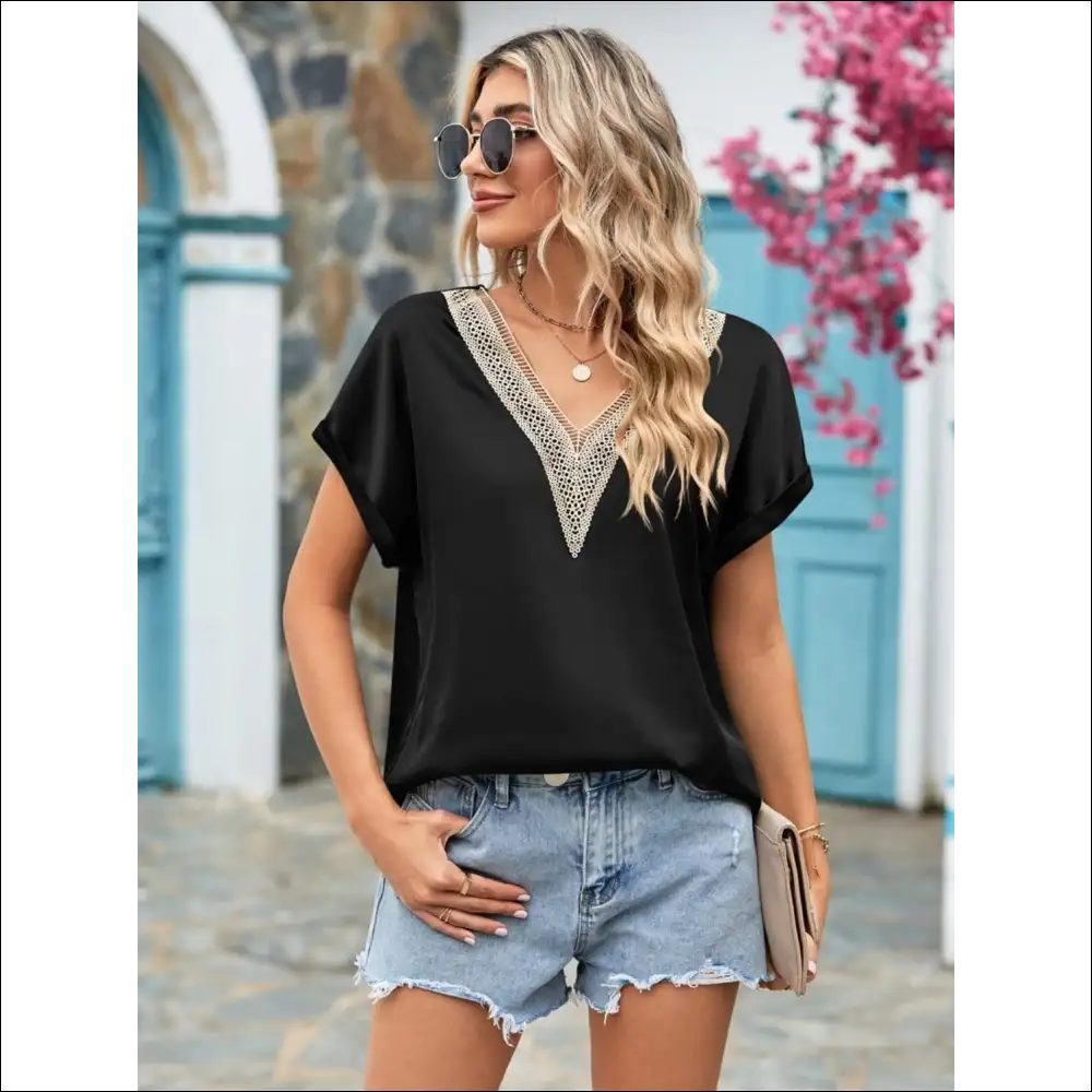 Mandy V-neck Cuffed Blouse - Effortlessly Chic - Black / 2xl - Blouses on Sale Worldwide Shipping