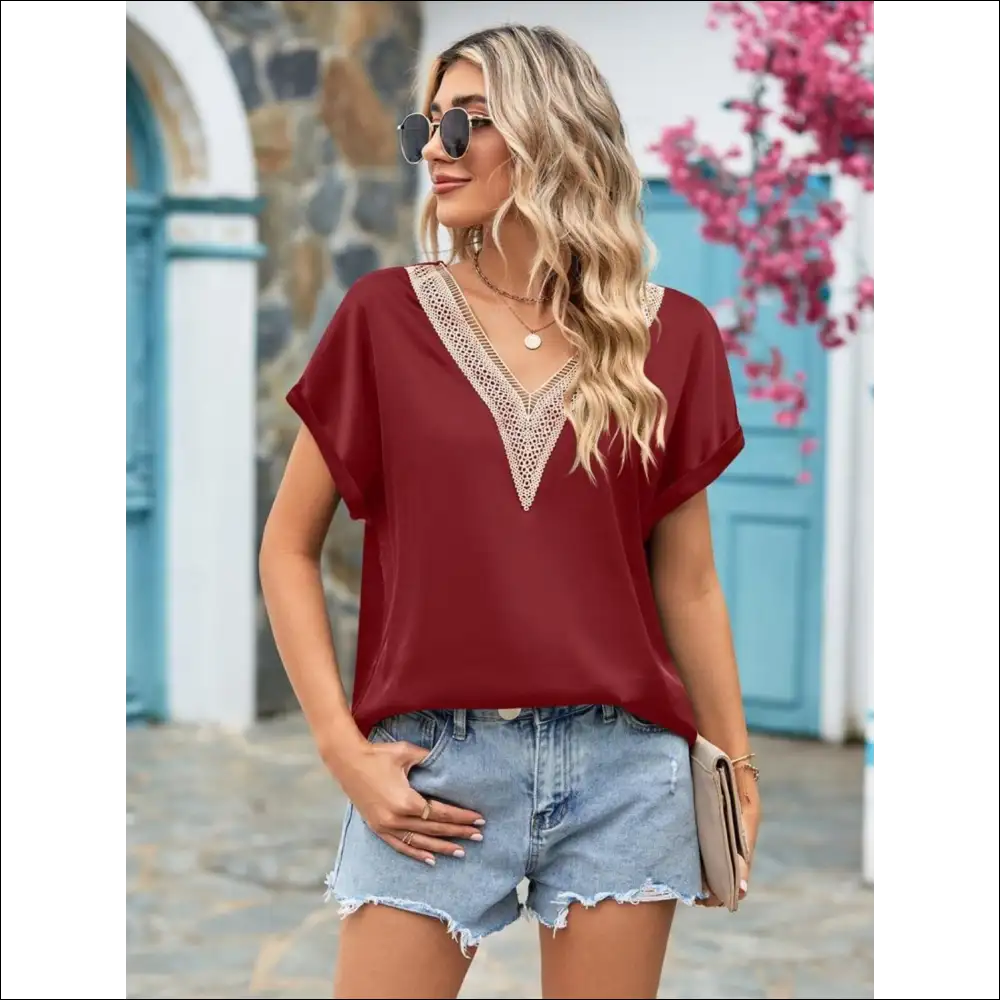 Mandy V-neck Cuffed Blouse - Effortlessly Chic - Burgundy / s - Blouses on Sale Worldwide Shipping