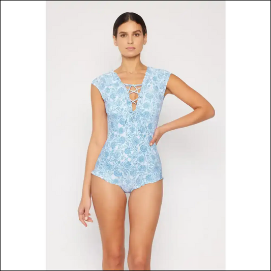 Marina West Bring me Flowers V-neck one Piece Swimsuit - Thistle Blue - One-piece Swimwear on Sale Worldwide Shipping
