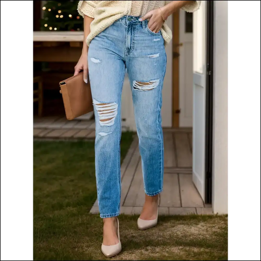 Meet your Match: Distressed Buttoned Jeans for Strutting & Stunting! 😂✨ - Light Blue / l - on Sale Worldwide Shipping