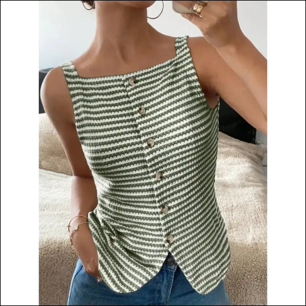 Meet your New Best Friend: the Chic Button Striped Tank from Needful Things! 🌈💃 - Moss / s - Tops on Sale Worldwide Shipping