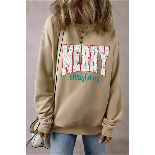 Merry Christmas Cozy Round Neck Sweatshirt - Khaki / s - Sweatshirts & Hoodies on Sale Worldwide Shipping