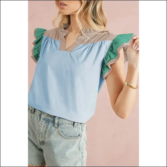 Mist Blue Colorblock Blouse your Wardrobe’s New Wingman - Blouses on Sale Worldwide Shipping