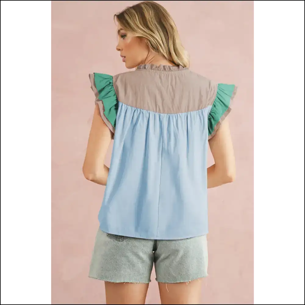 Mist Blue Colorblock Blouse your Wardrobe’s New Wingman - Blouses on Sale Worldwide Shipping