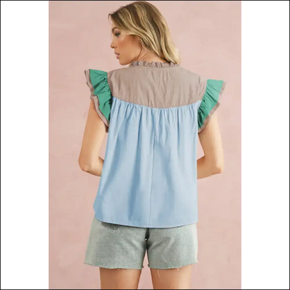 Mist Blue Colorblock Blouse your Wardrobe’s New Wingman - Blouses on Sale Worldwide Shipping