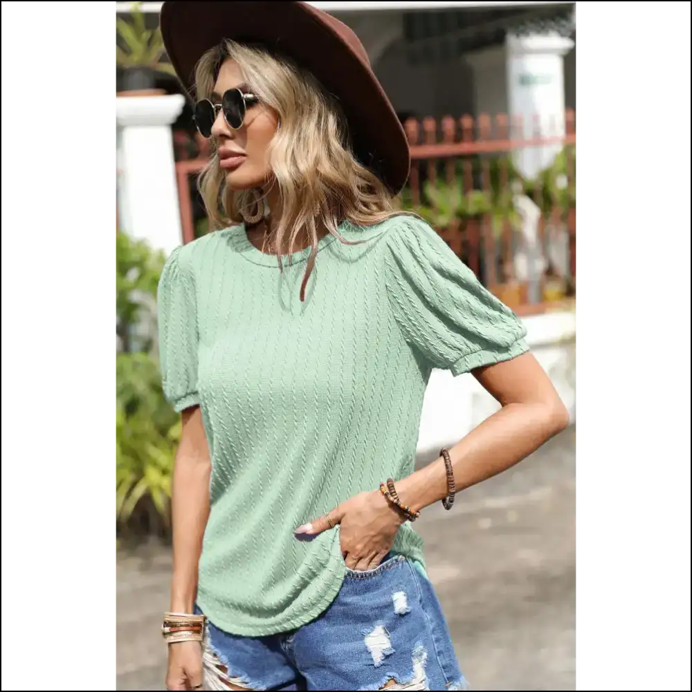 Mist Green Textured Puff Sleeve: Instant Fabulous just Add You! 💚 Needful Things - Blouses on Sale Worldwide Shipping