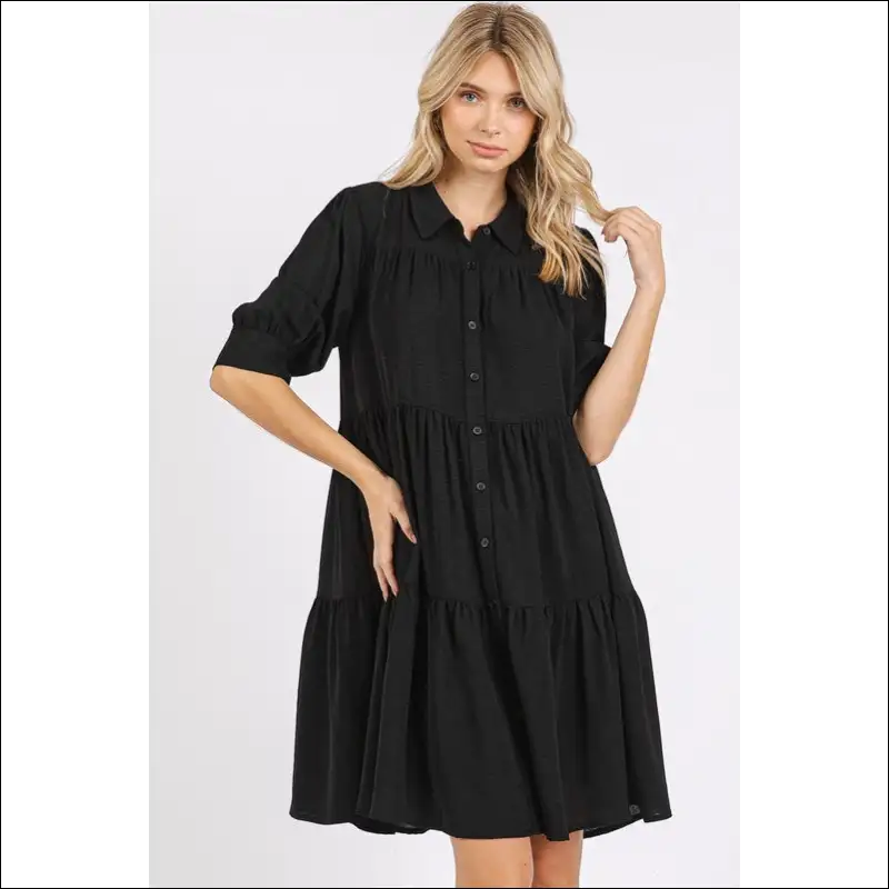 Chic Button Detail Collared Neck Tiered Shirt Dress - Black / s - Dresses on Sale Worldwide Shipping