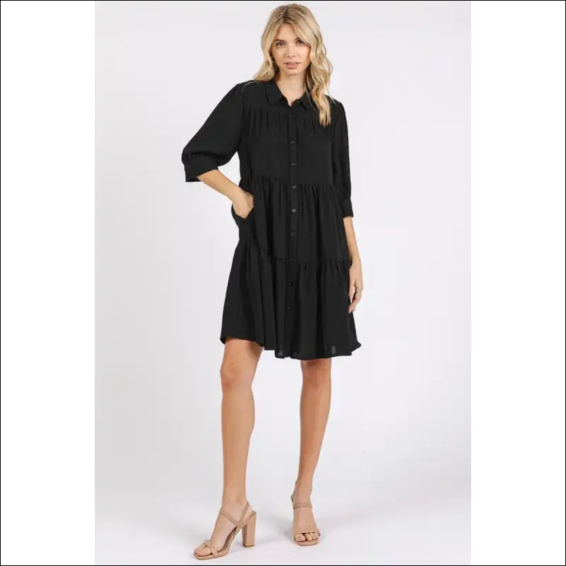 Chic Button Detail Collared Neck Tiered Shirt Dress - Dresses on Sale Worldwide Shipping
