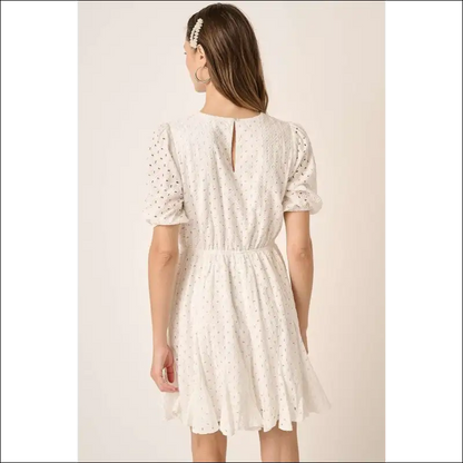 Puff Sleeve Chic Eyelet Mini Dress - Dresses on Sale Worldwide Shipping