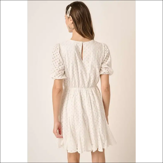 Puff Sleeve Chic Eyelet Mini Dress - Dresses on Sale Worldwide Shipping