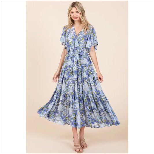 Floral Tie Waist Flutter Sleeve Dress - Light / s - Dresses on Sale Worldwide Shipping