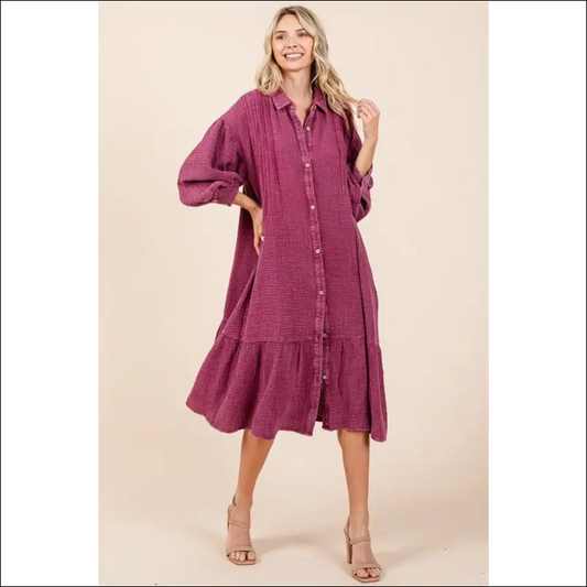 Chic Mineral Wash Ruffle Midi Shirt Dress - Purple / S/m - Dresses on Sale Worldwide Shipping