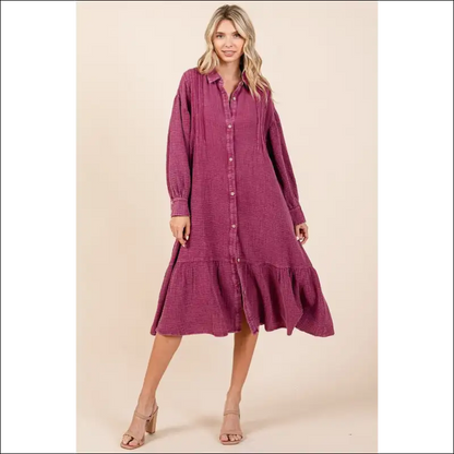 Chic Mineral Wash Ruffle Midi Shirt Dress - Dresses on Sale Worldwide Shipping
