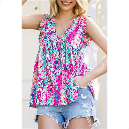 Multicolor Abstract Boho Flounce Hem: Prepare to Slay! Pink / s - Sleeveless Shirts Tank Tops on Sale Worldwide Shipping
