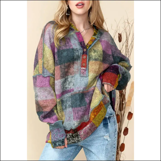Multicolor Brushed Check Henley Hoodie: Cozy Kangaroo Pocket Perfection from Needful Things 😜 - s - Sweatshirts & Hoodies on Sale Worldwide