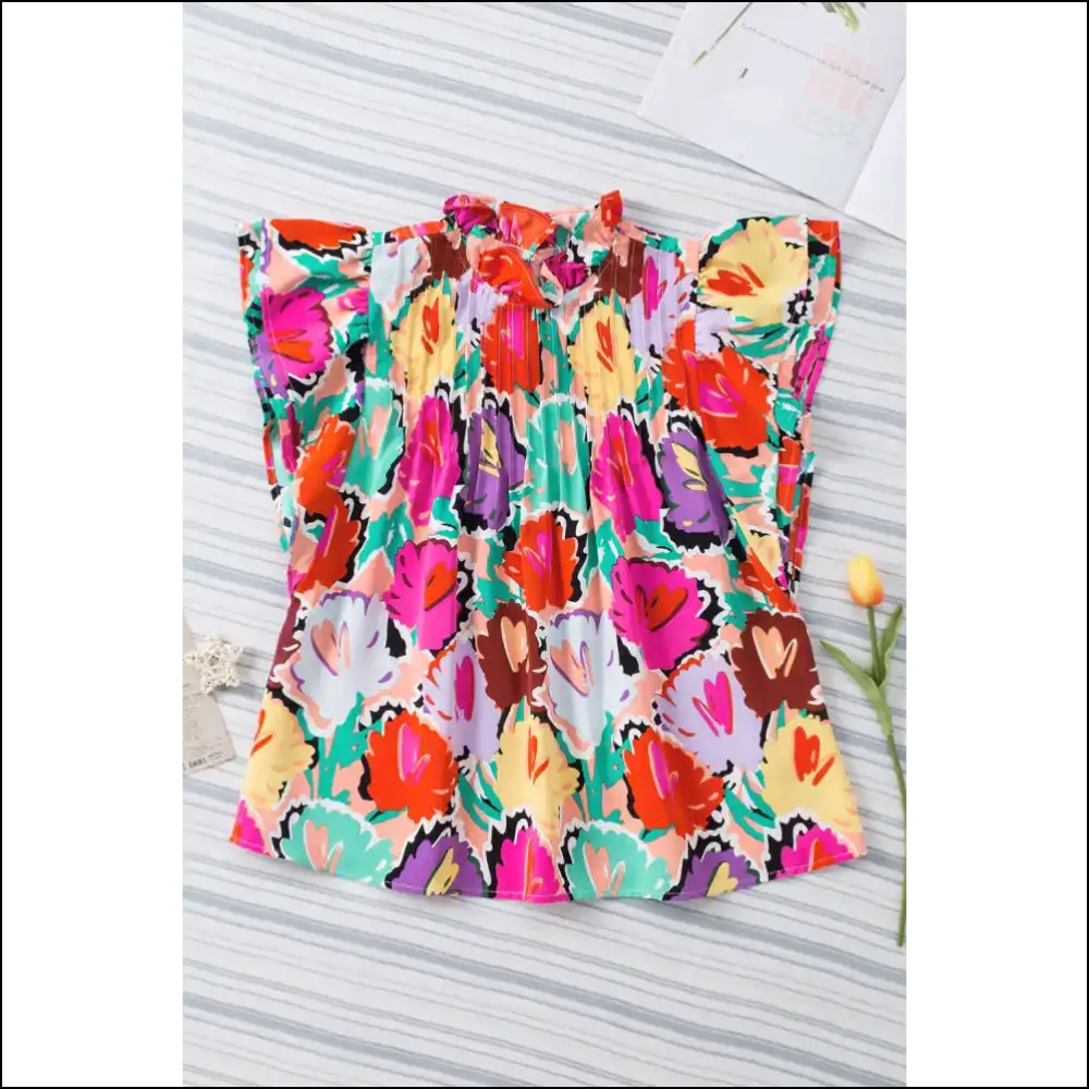 Multicolored Flutter Sleeve Mock Neck Blouse - Blouses on Sale Worldwide Shipping