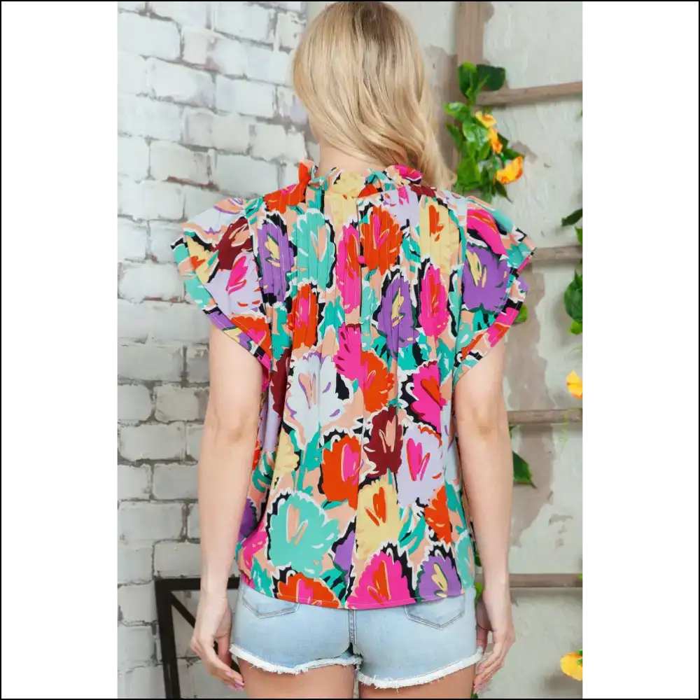 Multicolored Flutter Sleeve Mock Neck Blouse - Blouses on Sale Worldwide Shipping