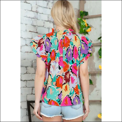 Multicolored Flutter Sleeve Mock Neck Blouse - Blouses on Sale Worldwide Shipping