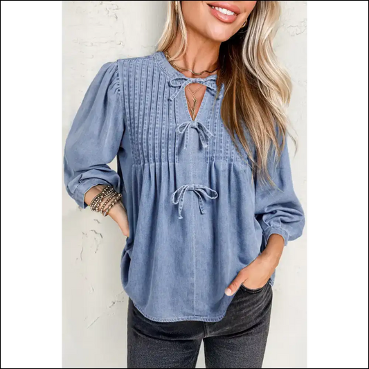 Myosotis Denim Bow Tie Top Instant Upgrade - s - Blouses on Sale Worldwide Shipping