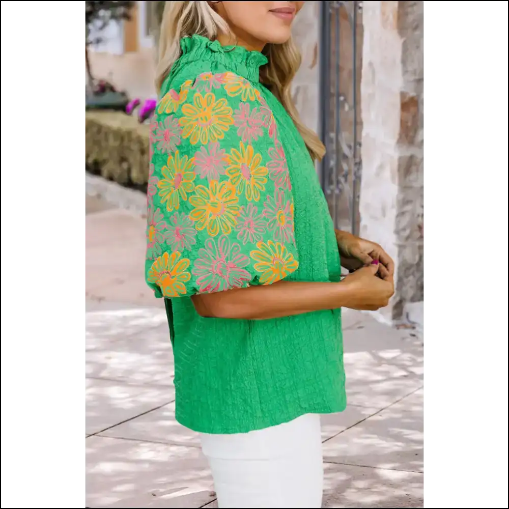 Myosotis Floral Puff Sleeve Blouse you Need - Blouses on Sale Worldwide Shipping