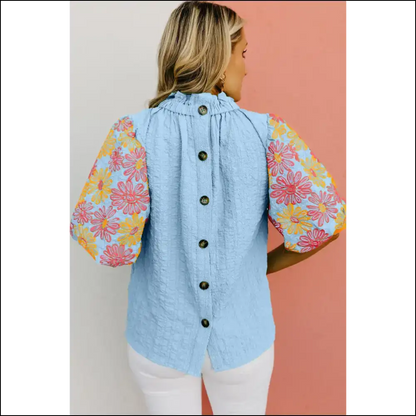 Myosotis Floral Puff Sleeve Blouse you Need - Blouses on Sale Worldwide Shipping